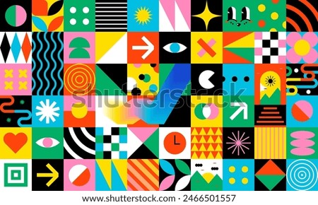 Geometric colorful mosaic seamless pattern illustration with creative abstract shapes. Modern bauhaus style background print. Trendy bright symbols and minimalist shape texture, geometry collage.