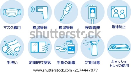 Wearing a mask, disinfecting fingers, measuring body temperature, washing hands, regular ventilation, cash tray, splash prevention, regular disinfection, written in Japanese.