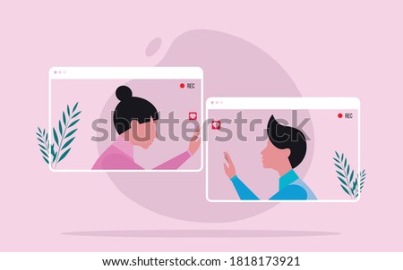 Romantic moment - couples who can only meet via video call. Distance makes them unable to meet. Flat Vector illustration