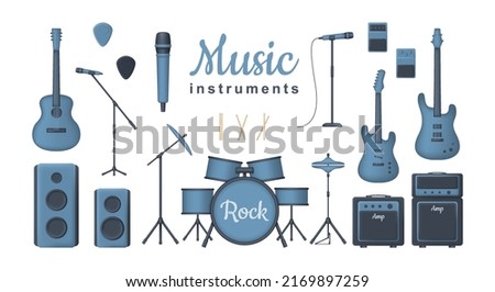 3d set of musical instruments for rock concert isolated on white background. Acoustic, electric and bass guitar, amplifyer, drum kit, sound speakers and microphones. Vector illustration