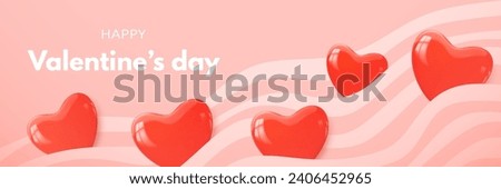 Happy Valentine's day banner with realistic decorative glossy red 3d hearts and wave lines on a delicate candy background. Love banner, gift voucher, cute greeting card. Vector illustration