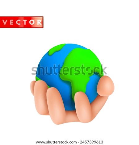 3d planet earth in hand isolated on white background. Plastic icon earth globe for Earth day, world environment day. Vector illustration