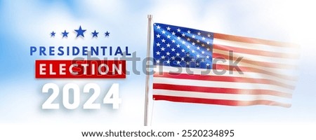 Presidential election USA 2024 banner with realistic American flag waving on sky background. Voting day design for web poster, flyer, post in social media. Vote day November 5. Vector illustration