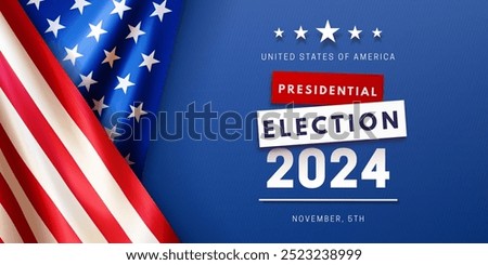 Presidential Election day in the United States of America 2024. Election event banner with realistic national American flag on blue background. Vote November 5 in USA. Vector illustration