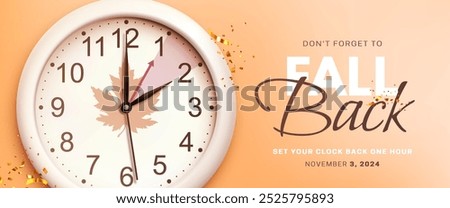 Daylight saving time ends. Fall back concept banner with realistic wall clock and golden confetti on orange background. Don't forget to set your clocks back an hour in november 3. Vector illustration