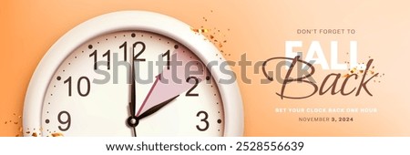 Daylight saving time ends. Fall back concept banner with decorative realistic wall clock and golden confetti on orange background. Design for poster, flyer, post in social media. Vector illustration