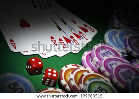 Poker/Royal Flush,  chips,dices on poker table