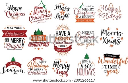 Merry Christmas. Happy New Year, 2023. Typography set. Vector logo, emblems, text design. Usable for banners, greeting cards, gifts etc.	
