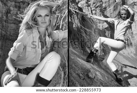 Fashion portrait of beautiful blond girl in casual clothing. Outside. Black and white. Hipster lifestyle.