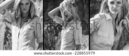 Emotive fashion portrait of blond skinny girl in casual trendy clothing. Black and white. Vogue style. Collage.