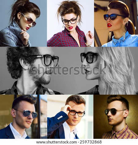 The concept  fashion beauty female and male. Collage of young women and men in glasses wearing in trendy clothes, with make up and accessories. Close up. Studio shot and street shot