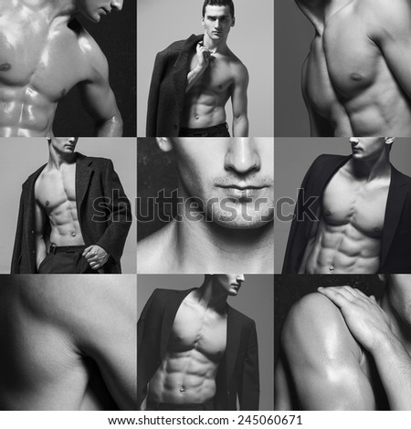 Fifty shades of grey male fashion concept. Collage (mosaic) of fashionable and muscle young man a-la Christian Grey in grey classic coat, suit and naked over grey background. Close up. Studio shot
