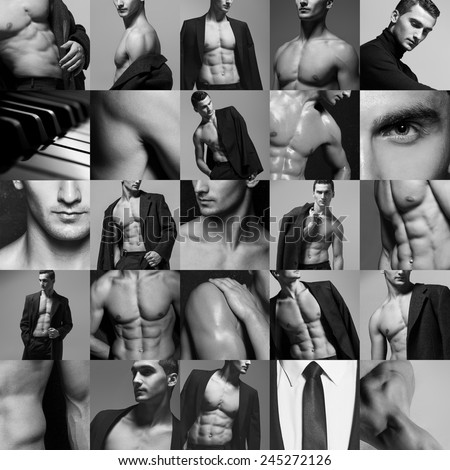 Fifty shades of grey male fashion concept. Collage (mosaic) of fashionable and muscle young man a-la Christian Grey in grey classic coat, suit and naked over grey background. Close up. Studio shot