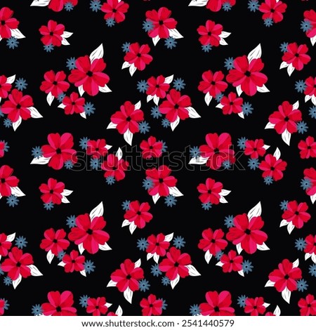 seamless floral pattern features vibrant red flowers and white leaves on a black background. The decorative, elegant design is perfect for textiles, wallpapers, and fashion prints, adding a touch