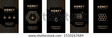 Vector set of social media stories  Honey gold gradient honey bee, honeycombs, honey stick, beehive. Design templates, backgrounds, banners, blanks, posters, advertising. Isolated on white background