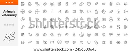 Veterinary, pet, vet, pet shop, dog care, training, cat, food line icons set collection. Outline icon collection. Pets line icons. Lovely animals icon pack. Vaccine, pet care, and dog paw.