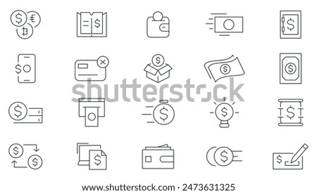 Money and Payment Line Icons set. Business, finance, transaction, payment, banking, wallet, coins, credit card, currency, exchange, cashback, dollar, euro, exchange, atm payment outline icon collect