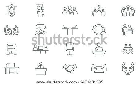 Meeting line icon set collection. Conference, team, group, presentation, meeting room, team, teamwork, presentation, idea, brainstorm, seminar, interview outline icon set. Thin outline icon pack. 