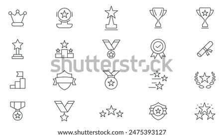 Awards line icons set. Reward, bonus, loyalty, star, winner, benefit, trophy cup, medal, champion, awards and bonuses outline icon collection. Thin outline icons pack.