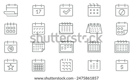 Calendar thin line icons set. Deadline, timetable, schedule, meeting, appointment outline icon collection. Thin outline icons pack.