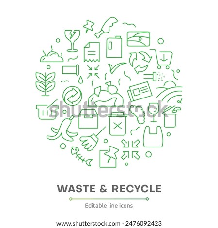 Waste and Recycle line icon set. Trash separation, waste sorting with further recycling outline icon collection. Trash, Plastic, Paper, Bottle, Can, Factory, Food, Pollution, recycling icon pack.