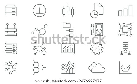 Data analysis thin line web icon set. Information technology web icon set. Database, big data process, ai, monitoring, traffic, hosting service, optimization and backup outline icon set collection.