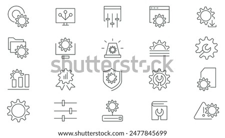 Setup and setting line icons set. Operation, gear, processing, tools, installing options, algorithm icons collection. UI thin outline icons pack