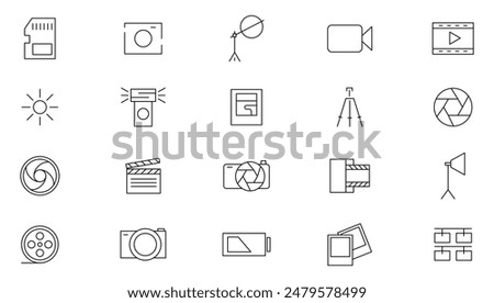 Photography linear icon set. Camera, photo, photographer, studio light, film cameras and photoshoot outline icon collection. UI thin outline icons pack.