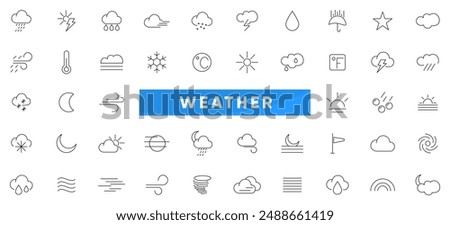 Weather line Icons Pack. Weather, rain, snowflakes, thunderstorm, update, sunny, cloudy, wind, daylight, night, temperature, sun, moon and sun day outline icon collection. UI thin outline icon set.