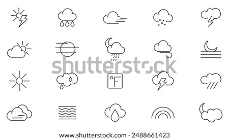 Weather line Icons Pack. Weather, rain, snowflakes, thunderstorm, update, sunny, cloudy, wind, daylight, night, temperature, sun, moon and sun day outline icon collection. UI thin outline icon set.