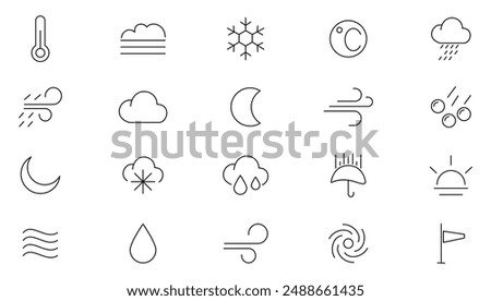 Weather line Icons Pack. Weather, rain, snowflakes, thunderstorm, update, sunny, cloudy, wind, daylight, night, temperature, sun, moon and sun day outline icon collection. UI thin outline icon set.