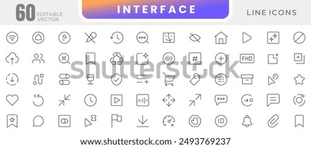 Basic interface UX UI linear icon set. UI UX interface icons. User, profile, message, app, document file, social media, button, home, chat, arrow icon collection. UI thin outline icon