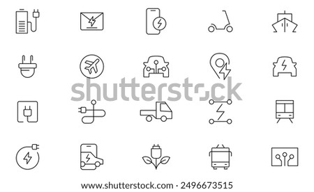 Electric vehicle line icon set. Charging station, battery, EV charging, car sharing, rent, cruises, car, bus, motorcycle, bicycle, truck, battery, electric motor outline icon collection. UI thin icon 