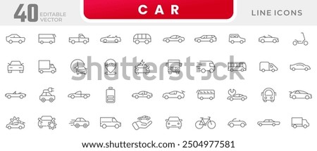 Car line icon collection. vehicle, electric car, transportation, taxi, road, race, automobile and car rental icon set. UI outline icon pack