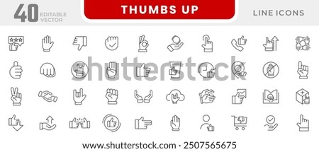 Thumbs Up line icon collection. Gesture, hand, like, star rating, feedback, badge, social media, and thumb icon set. UI outline icon pack.