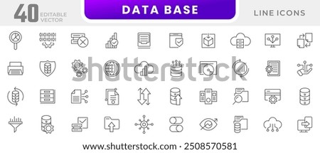 Database line icon collection. Data, management, documents, internet, business, web, host, hotspot, data storage, mobile, data, network, and sync icon set. UI outline icon pack