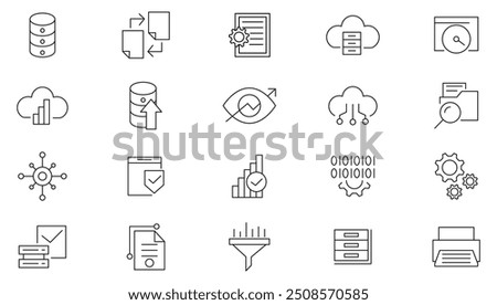 Database line icon collection. Data, management, documents, internet, business, web, host, hotspot, data storage, mobile, data, network, and sync icon set. UI outline icon pack