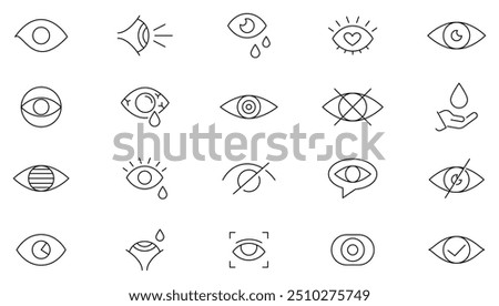 Eye line icon collection. Vision, view, hidden, invisible, containing eye, visible, medical, eye care, and eyeball icon set. UI outline icon pack