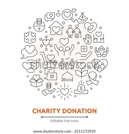 Charity and donation line icons set. Donate, Giving, trust, social care, NGO, helping hands, and help icon collection. Nonprofit organization, responsibility, Community, Humanitarian thin outline icon