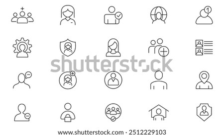 User profile icon collection. people silhouette, male, female, avatar, profile sign, face silhouette, app, person, group, family, human, team, community, friends icon set. UI outline icon pack