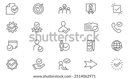 Approval and certified line icon collection. Approve, protection, certified, guarantee, accept, document, quality check, validation, confirmation, check list, checkmark icon set. UI outline icon pack