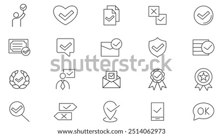 Approval and certified line icon collection. Approve, protection, certified, guarantee, accept, document, quality check, validation, confirmation, check list, checkmark icon set. UI outline icon pack