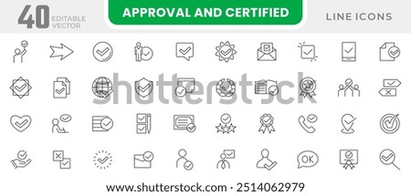 Approval and certified line icon collection. Approve, protection, certified, guarantee, accept, document, quality check, validation, confirmation, check list, checkmark icon set. UI outline icon pack