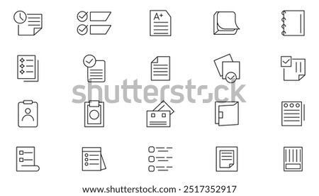 Note and Task line icon set. Duty, chore, project, job, tasks, list, multitasking, task manager, deadline, checklist, report, survey line icon set. UI thin line icon pack.