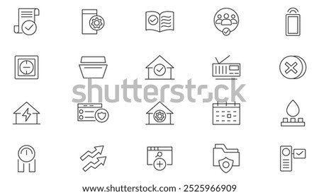 Public Utilities line icon set. Water, fuel, electricity, solar house, maintenance, house, bill, service, meter, gas supply, drainage, garbage removal, heating line icon set. UI thin line icon set.  