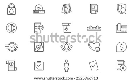 Public Utilities line icon set. Water, fuel, electricity, solar house, maintenance, house, bill, service, meter, gas supply, drainage, garbage removal, heating line icon set. UI thin line icon set.  