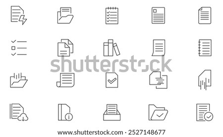 File and Document line icon set. Contains contract papers, folder, certificate, approved, clipboard, invoice, archive, quality control, checklist, and clipboard line icon set. Ui thin line icon pack.