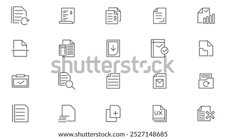 File and Document line icon set. Contains contract papers, folder, certificate, approved, clipboard, invoice, archive, quality control, checklist, and clipboard line icon set. Ui thin line icon pack.