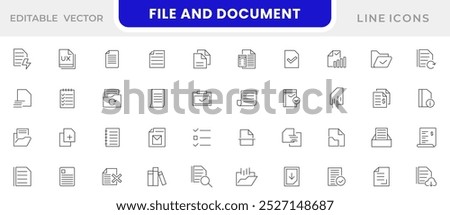 File and Document line icon set. Contains contract papers, folder, certificate, approved, clipboard, invoice, archive, quality control, checklist, and clipboard line icon set. Ui thin line icon pack.