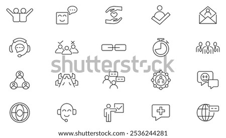 Community line icon set. Meetings, seminars, team building, business meetings, classrooms, teams, interviews, conferences, work, discussion, communication line icon set. UI thin line icon pack.